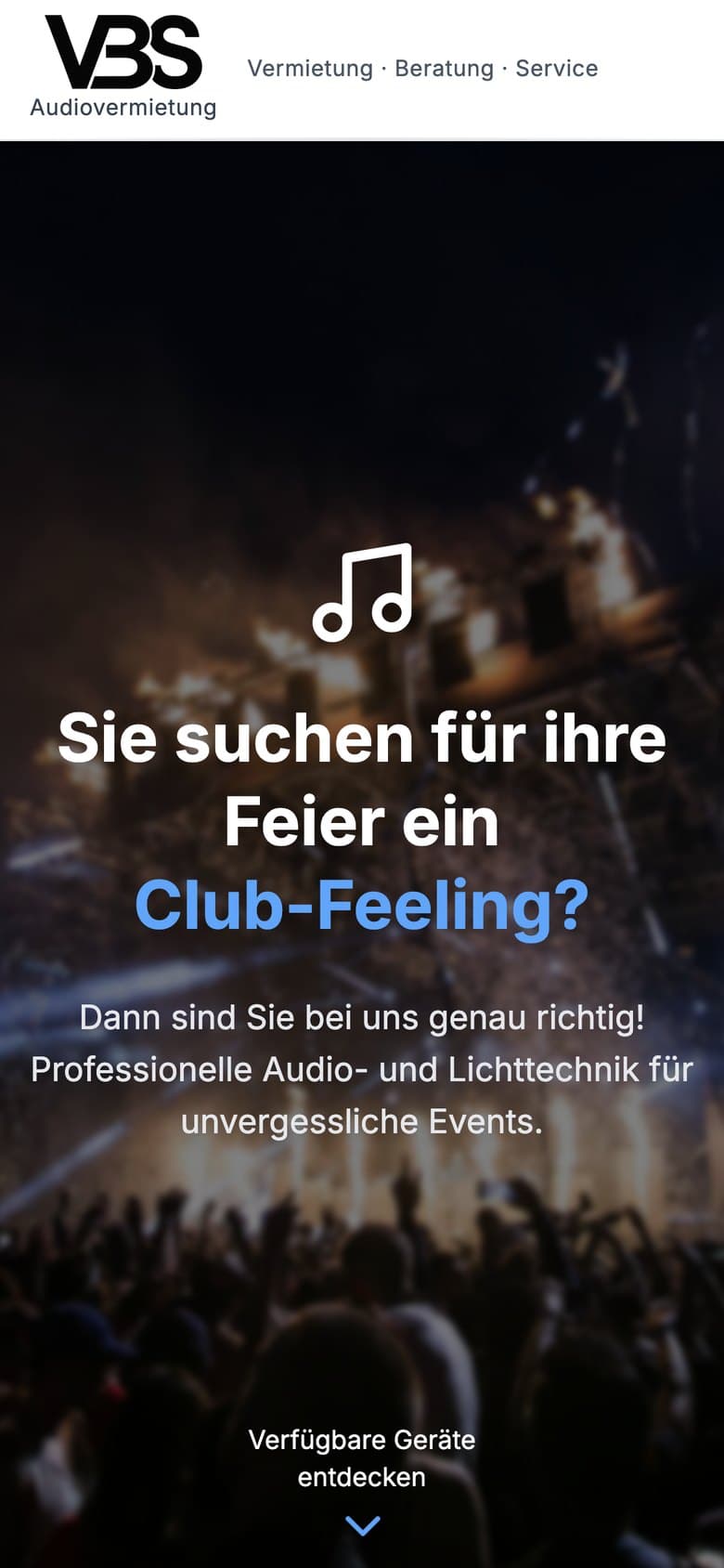 Mobilansicht der Website VBS Audiovermietung