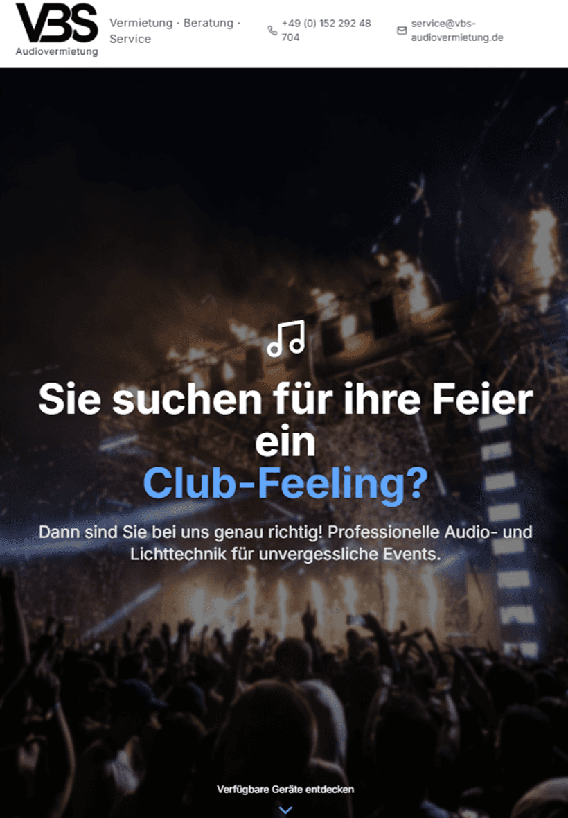 Webdesign-Projekt: VBS Audiovermietung – Veranstaltungstechnik-Website